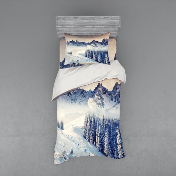 Ambesonne Black White Bedding Set 3 Pcs, Snowy Winter View, Twin, Blue Grey White