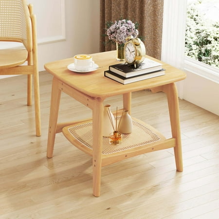 Costway 1 PCS Bamboo Sofa Side Table with Faux Rattan Storage Shelf Boho End Table Living Room - Natural