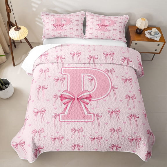 Erosebridal Bowknot Letter D Twin Quilt Set for Girls, Princess Ribbon Bow Twin Coverlet Set, 2 Pieces