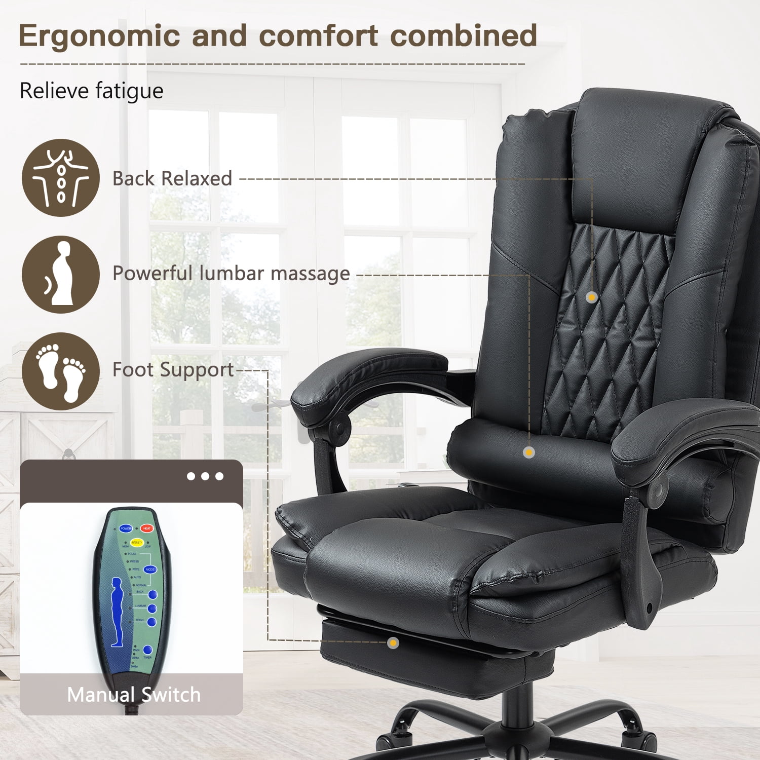 Homhum Ergonomic Office Chair with 6 Massage Points, Executive Office Chairs with Footrest, Black
