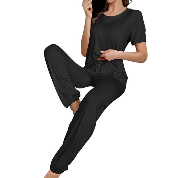 Bxsruta Pajamas Set for Women, Women's Polyester-Spandex Short Sleeve Lounge Set - Comfortable Round Neck Top & Long Pants Pajamas for Home Relaxation & Sleep
