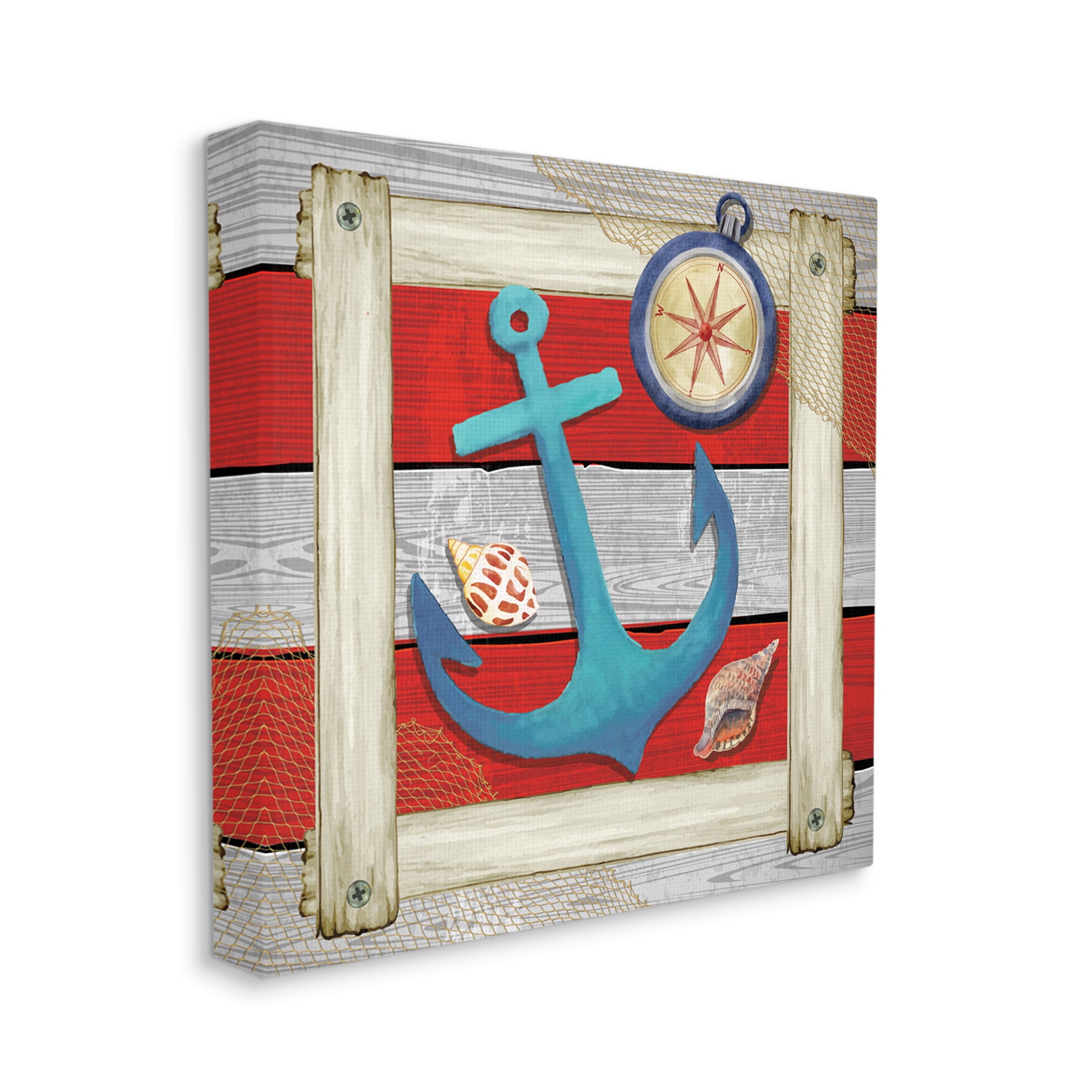 Stupell Maritime Anchor Compass Stripes Landscape Painting Gallery Wrapped Canvas Print Wall Art