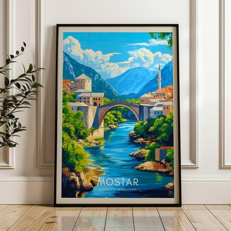 Mostar Travel Poster - Bosnia And Herzegovina Wall Art Print, Illustration Poster Home & Office Decor, Gift Idea, Balkan Travel Wall Print Wall Art, Modern Wall Decor, 8x12 UNFRAMED
