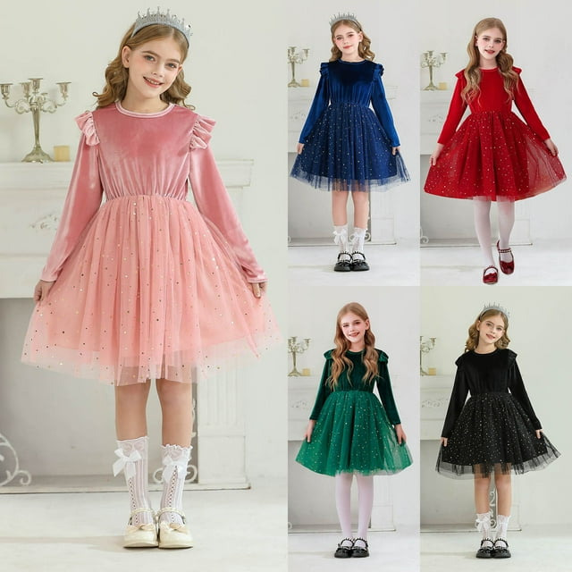 Robe Fille Manches Longues à Volants Princesse Fête Performance Robe Étoilée Robes Filles Noir 7-8 Ans