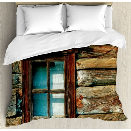 Bedroom Bedding And Curtain Sets Scenery Decor Queen Size Duvet Cover Set, Single Window with White Curtain on a Wooden Made Lumberjack House Photo, Decorative 3 Piece Bedding Set with 2 Pillow Shams, Brown and Blue, by Ambesonne ()