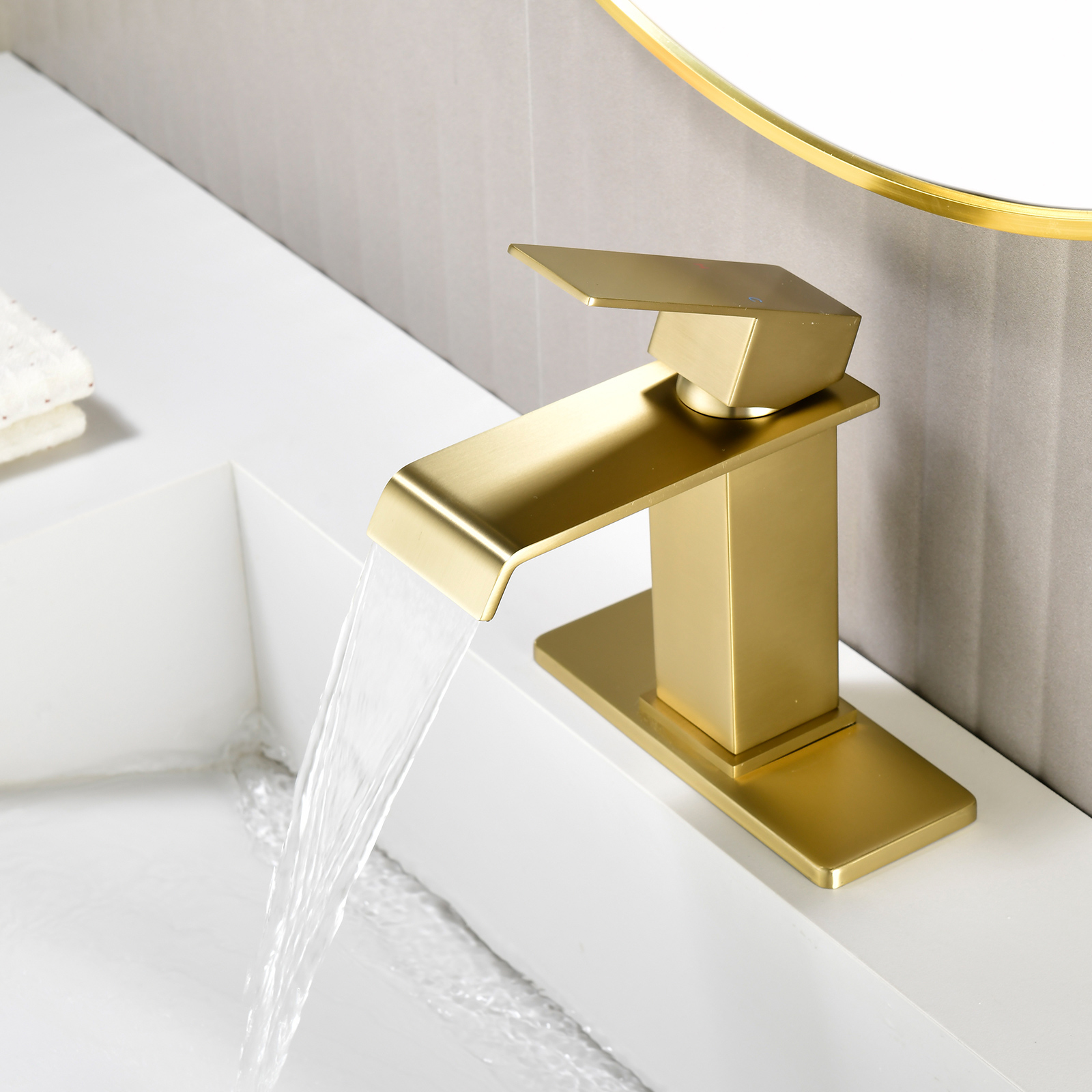 Cobbe Single-Handle Waterfall Spout Bathroom Sink Faucet for Vanity Single-Hole Installation with Pop-Up Drain Brushed Gold