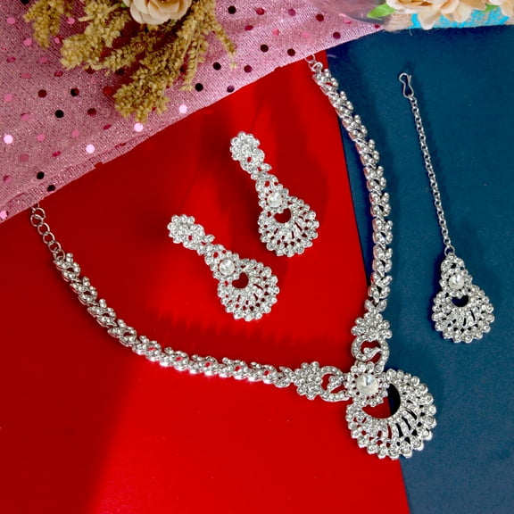 Parshwa Creations Indian Women's Silver Plated Bollywood Fashion Jewelry Choker Set, Rhinestone Stud Prom Party Accessories Wedding Bride Earrings Necklace Set,Gift For Her Jewelry
