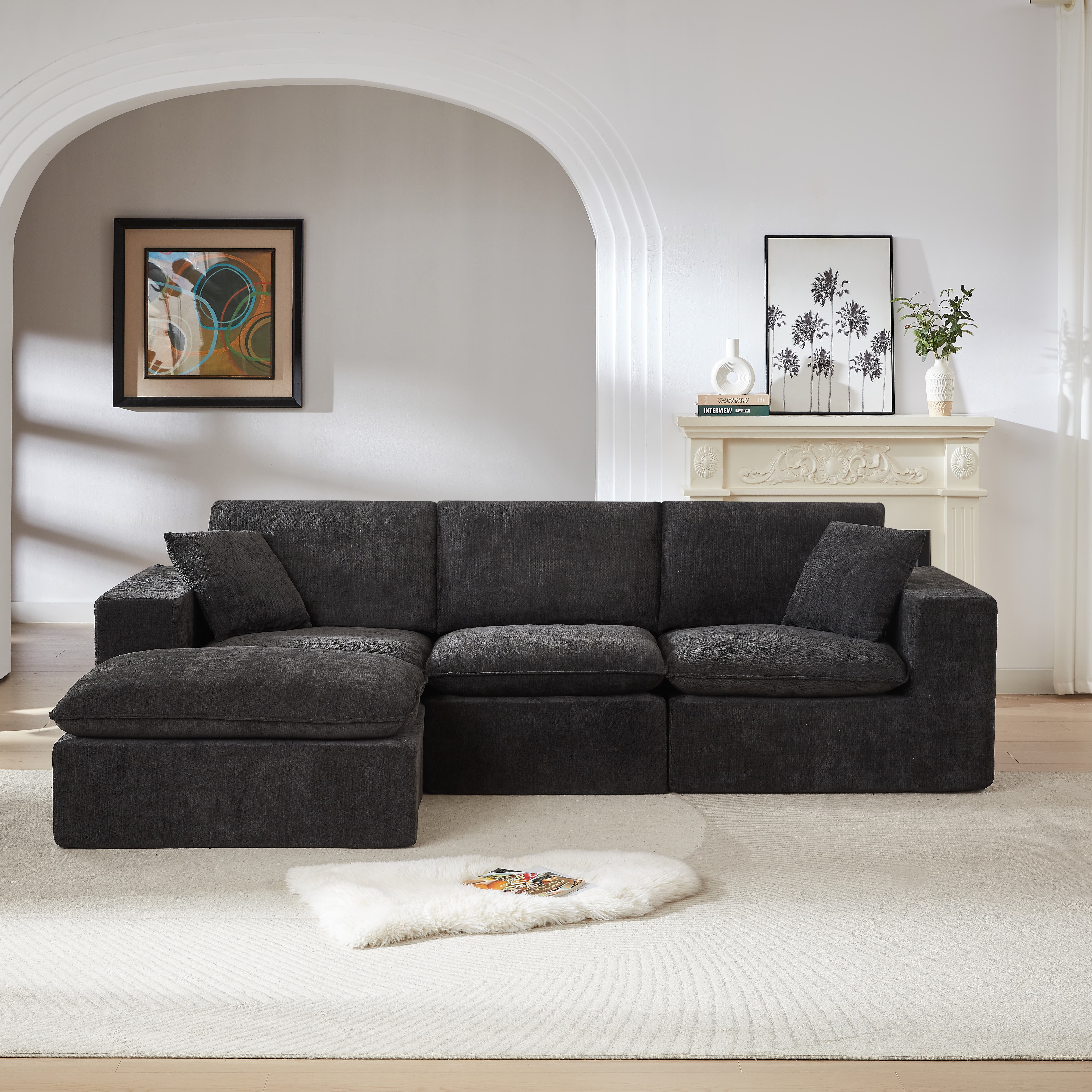 MAYEERTY Modern Modular Chenille Sofa, Black Cloud-Soft Sectional Couch for Living Room