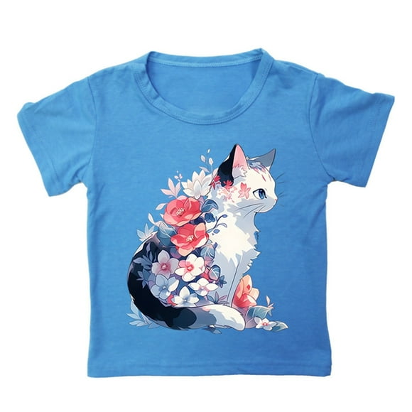 LNMQLPDBS T-Shirts pour Enfants Filles Été Ample Décontracté Tendance Mignon Chat Imprimé T-Shirt à Manches Courtes Haut Coupe Classique T-Shirt à Col Rond à Manches Courtes