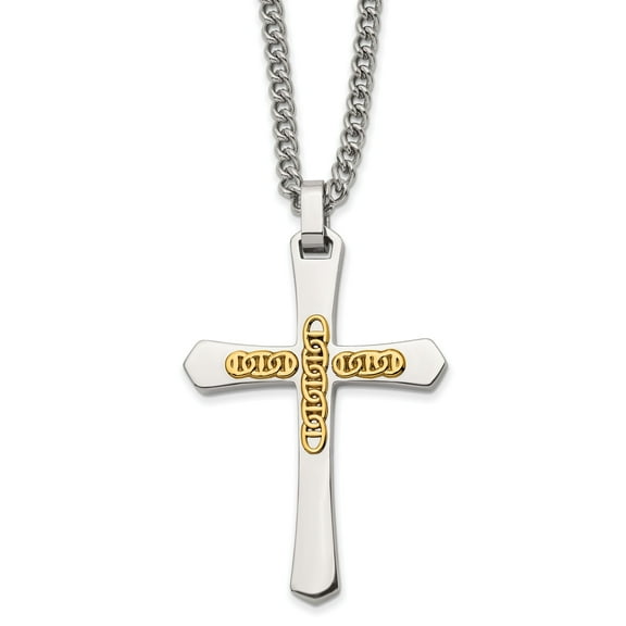14K Gold Diamond Cut Greek Key Bars on Stainless Steel Polished Cross, 24" Chain Pendant Necklace, Religious Men's Jewelry