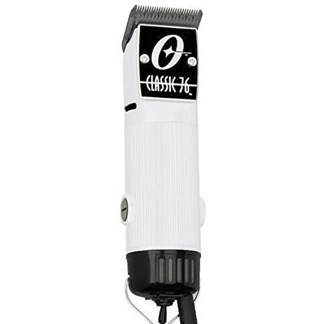 cortapelos oster classic 76 professional salon, color blanco vista frontal de la cortadora Oster Classic 76 en blanco con placa superior negra que muestra el logo y texto 'Classic 76', carcasa blanca texturizada, cuchilla desmontable negra tipo Agion y base con cable y aro metálico para colgar; diseñada para uso continuo en salones y usada a menudo por barberos para detalles y acabados.