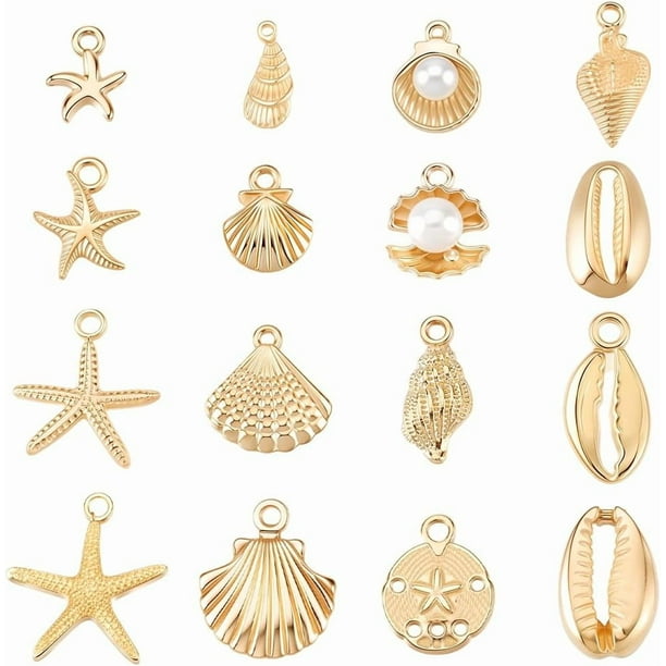 96 piezas de 16 estilos de dijes de concha de metal, colgantes de concha dorada, conchas marinas, conchas galvanizadas, conchas marinas de verano con agujero