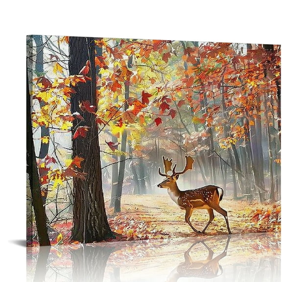 JEUXUS  Deer Autumn Forest Wall Art for Living Room, Beautiful Sika Wild Animal in Morning Canvas Prints with Falling Leaves, Sweet Scenic Landscape Picture Decor (Waterproof Artwork)