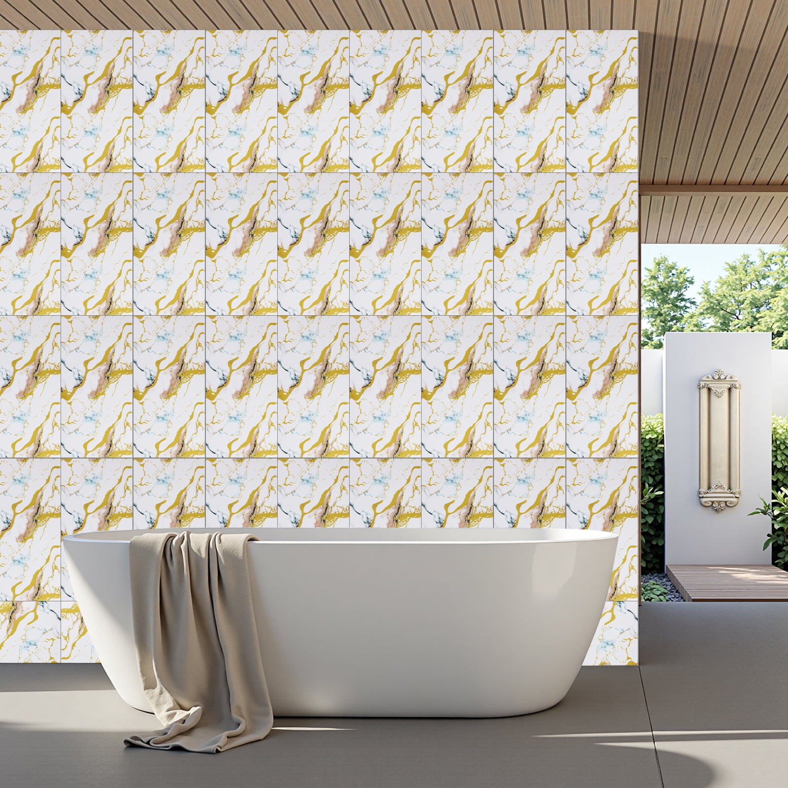20PCS Waterproof Marble Peel and Stick Backsplash Washroom Wall Panels, Peel and Stick Tile, PVC Wall Panels for Kitchen Bathroom Living Room Bedroom Not Real Tile White