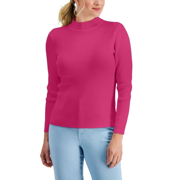 Karen Scott Cotton Solid Rib Mock Neck Sweater Magenta S