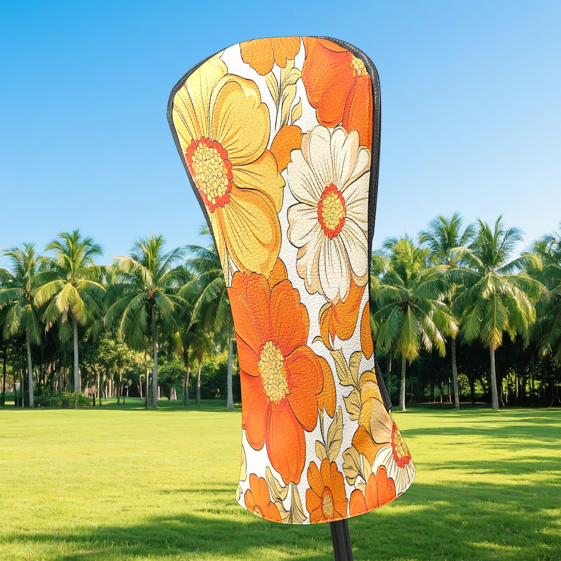 Golf Club Covers, Orange Flower Premium PU Leather Driver Hybrid Putter Head Covers with Velvet Lining, Waterproof Golf Gifts for Men Women
