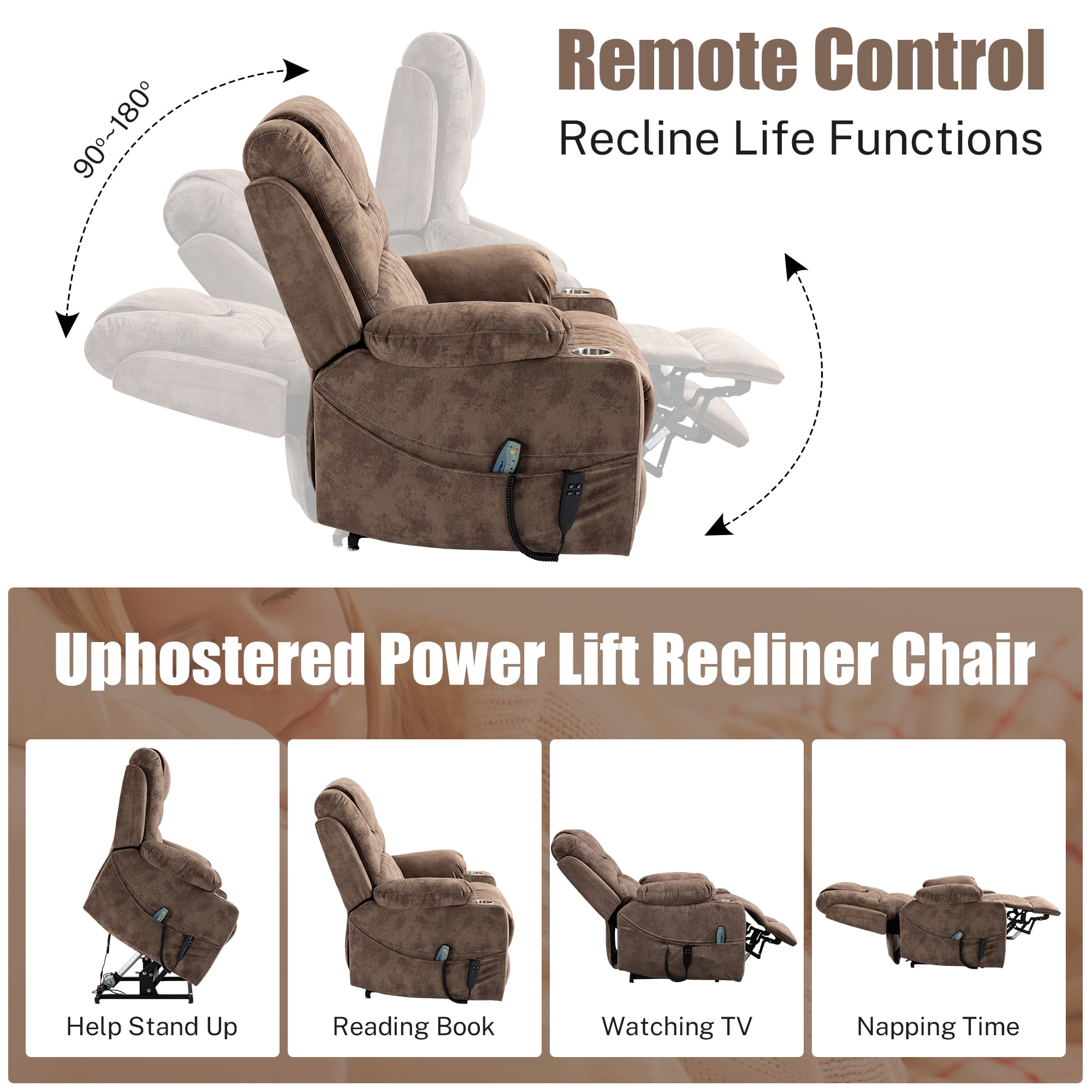 LEGAHOME Large Lift Chair with Heated and Massage Functions, Extended Fabric Lift Recliner Relax Sofa with 2 Remotes and 2 Cup Holders, Oversize Electric Power Lounge Chiar for Elderly Big Men, Brown