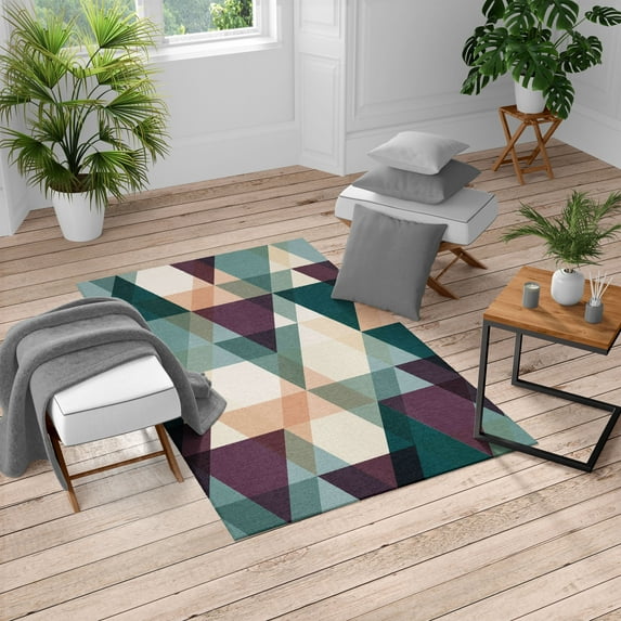 Geometric Turkish Area Rug, Abstract Geometric Pattern Vintage Inspired Retro Colors Old Style Graphic Art, Soft Carpet for Living Room Decor with Distressed Look, 5.2' X 7.6', Eggplant, by Ambesonne