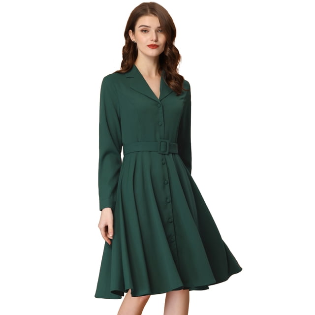 Vestido midi de oficina de negocios con cinturón y solapa con muescas de manga larga para mujer Verde Oscuro XS