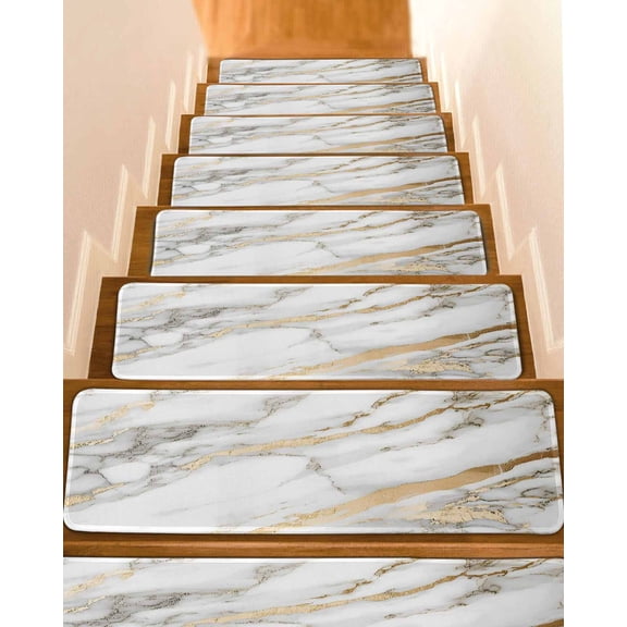 Marble White Non-Slip Stair Treads for Wooden Steps, 10 Pack-8x30in Carpet Stair Mats with Adhesive Backing, Noise-Reducing Step Covers for Indoor Stairs, Easy to Install & Residue-Free