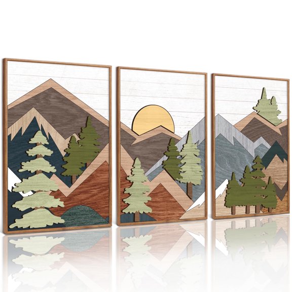 HPNIUB Wooden Mountain 3D Framed Wall Art Forest Landscape Vintage Nature Decor Mid Century Modern Sunrise Cutout for Farmhouse Bedroom Living Room 16x24 Inch
