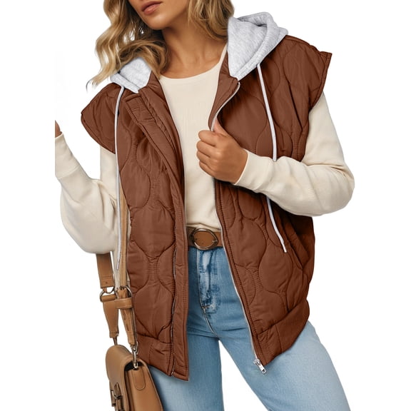 SHEWIN Puffer Vest for Women Cropped Hooded Zip Up Quilted Sleeveless Jackets Fall Lightweight Coat with Pockets
