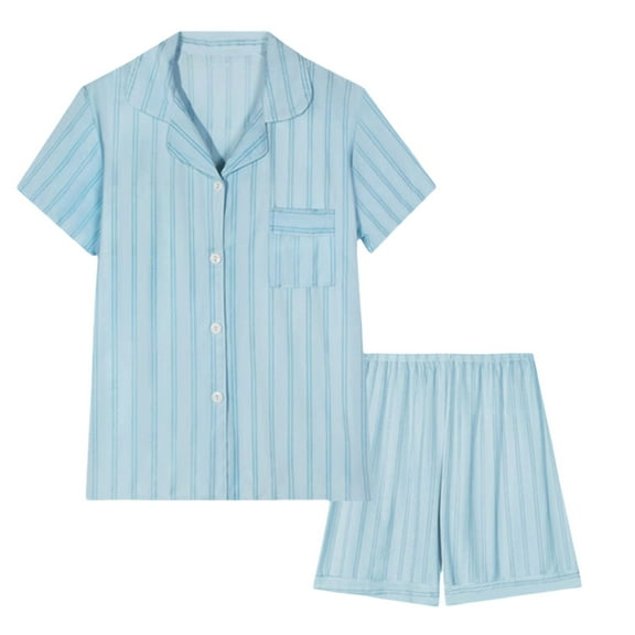 Gkeoshab Clothing Women's Pajama Set Women's Summer V Tie Pocket Stripe Printed Loose Casual Home Clothes Pajamas Sleepy Pants Set Plus Size Satin Pajama Shorts Set for Women