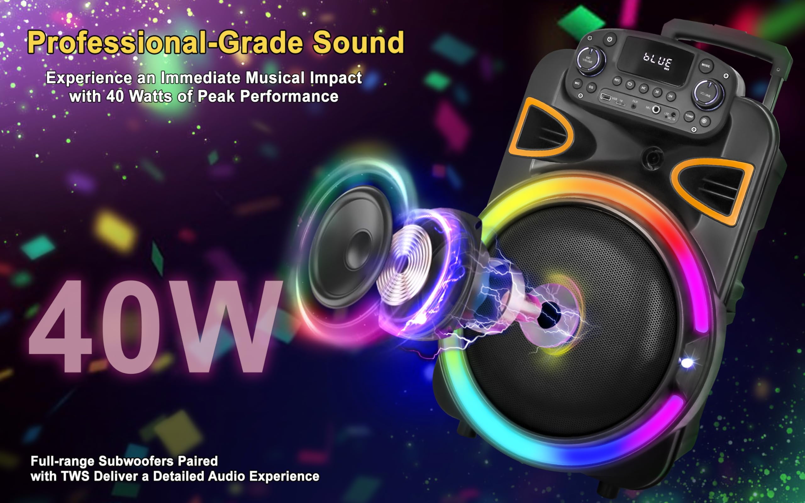 Fisher Portable Bluetooth Wireless Speaker System: 15" Subwoofer 80W Peak Power Loud HD Deep Bass Sound|LED Lights|Rechargeable|Karaoke|Remote|TWS Pairing|USB Port|TF|AUX|FM Radio|MIC Input|Equalizer