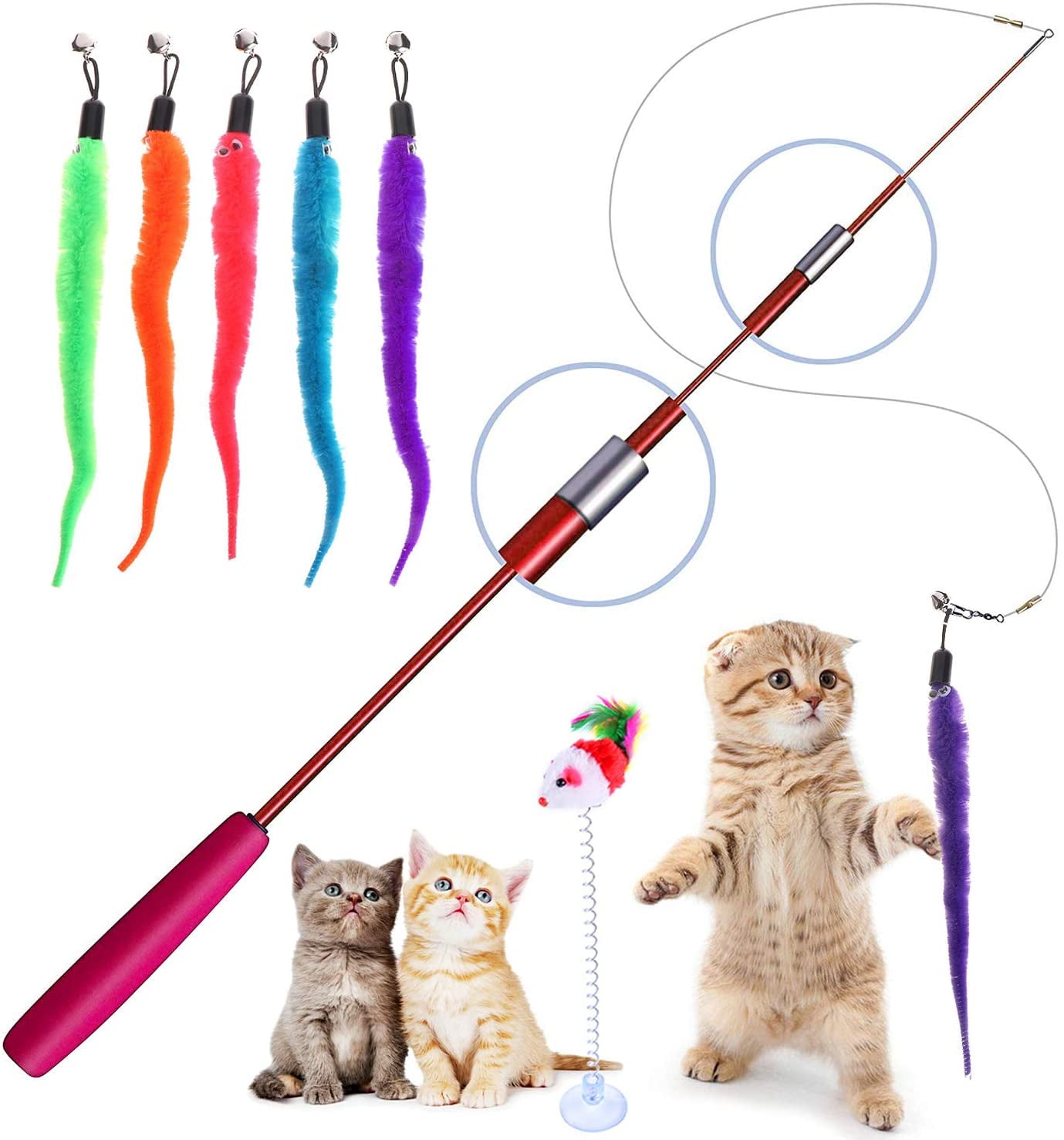 5 x Funny Pet Cat Kitten Toy Mouse Teaser Wand Feather Rod Play Toys Interactive