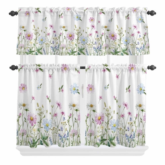 3 Piece Kitchen Curtains and Valances Set Botanical Cafe Curtains 24 Inch Length Blue Pink Daisy Floral Watercolor White Valance & Tier Curtain for Living Room Bedroom Small Window 54"x18" 27"x24"*2