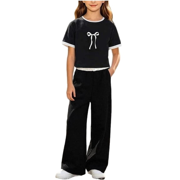 ZOYOEN Girls Trendy Outfits Set- Casual Summer Short Sleeve Loose Fit T Shirts and Pants Kids Clothes Black Size 8