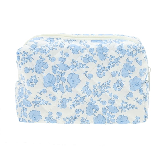 Unique Bargains 1 Pc Floral Quilting Makeup Bag Blue White