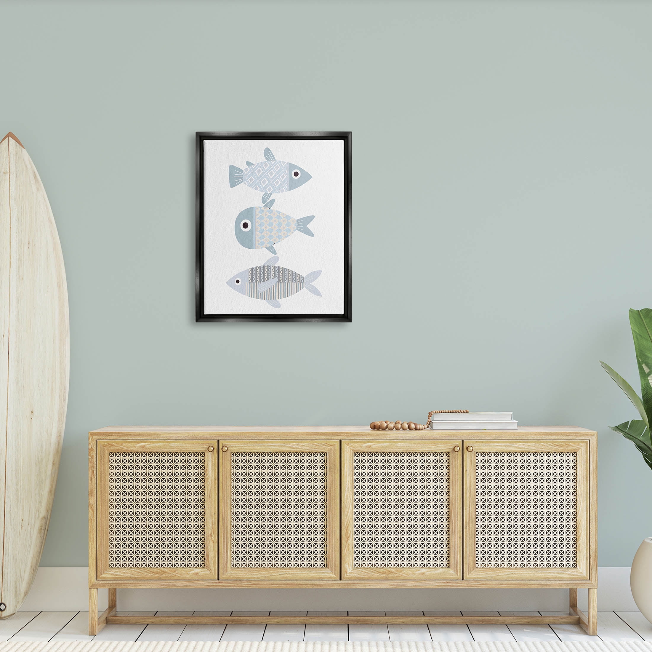 Stupell Industries Three Whimsical Patterned Fish Sea Life Graphic Art Jet Black Floating Framed Canvas Print Wall Art, Design by Kim Allen