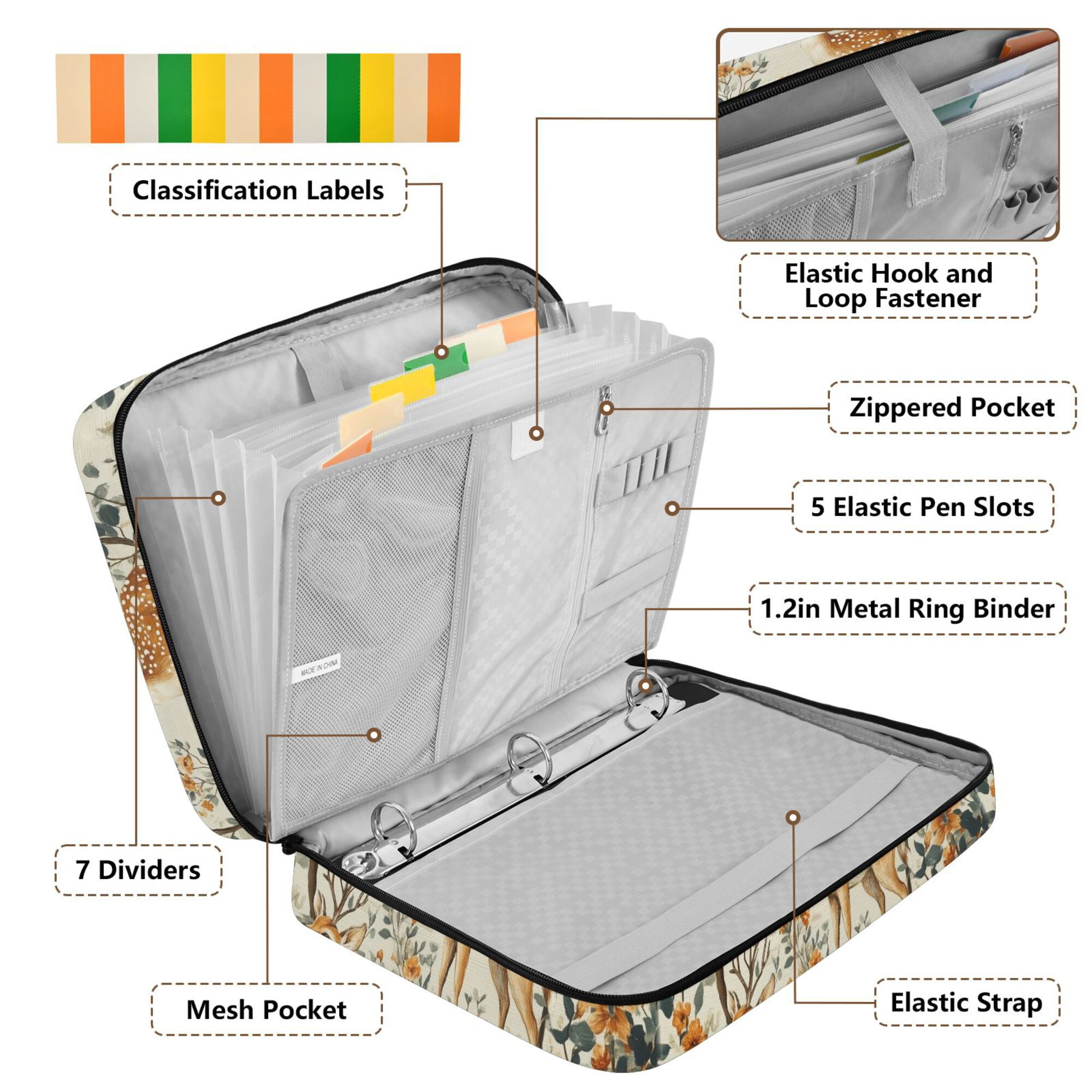 FORMRS Accordion File Folder A4 Size 7-Pocket Expanding Document Organizer Bag with 3 Ring Binder, Deer Pattern