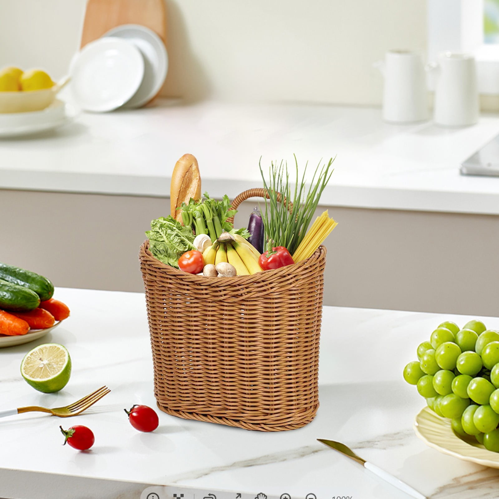 Naittoop Hanging Wicker Basket Hand-Woven Plastic Storage Basket Portable Wall Hanging Flower Basket Organizer Fruit Vegetable Rattan Box Home Decoration Height 8.2 in