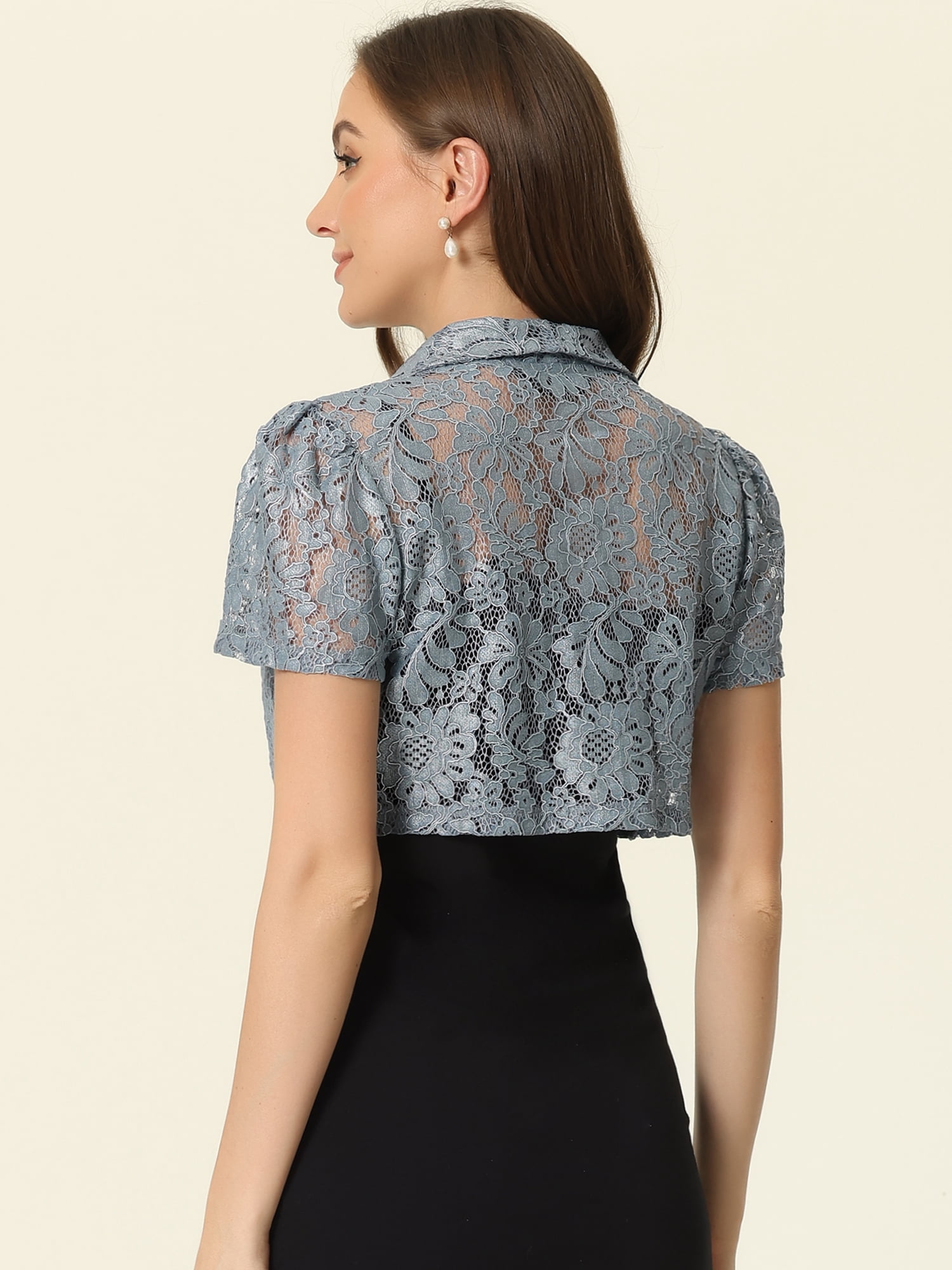 Unique Bargains Floral Lace Shrug for Women's Lapel Collar Short Sleeves Bolero Cardigan M Grey Blue