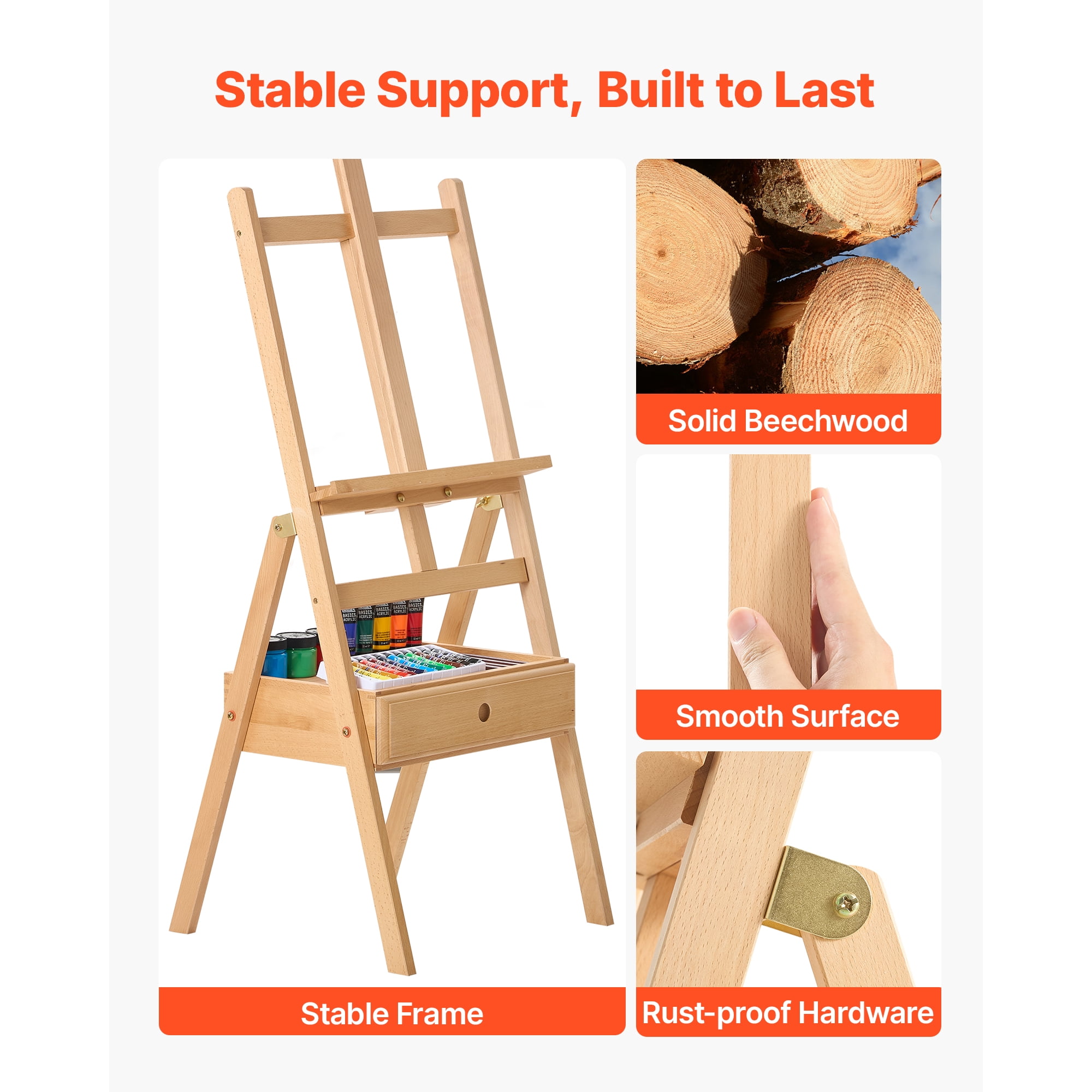 KFFKFF Studio H-Frame Easel with Adjustable Height, Holds Canvas Up to 35.83 Inches, Solid Beech Wood Construction, Versatile Art Easel with Storage Drawer, Natural Finish