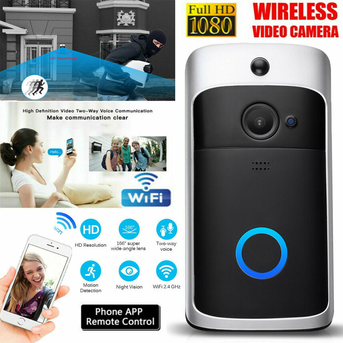WiFi Wireless Doorbell Video Two-Way Talk Smart PIR Door Bell Security Camera e 