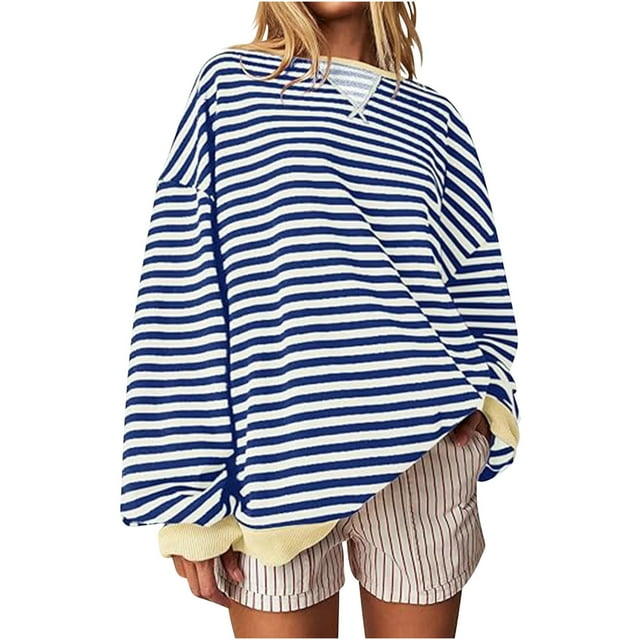 GigrtiJin Chandail en Molleton Oversize à Rayures pour Femmes Manches Longues Col Rond Tops à Blocs de Couleur Chandail Décontracté Tendance Blouses