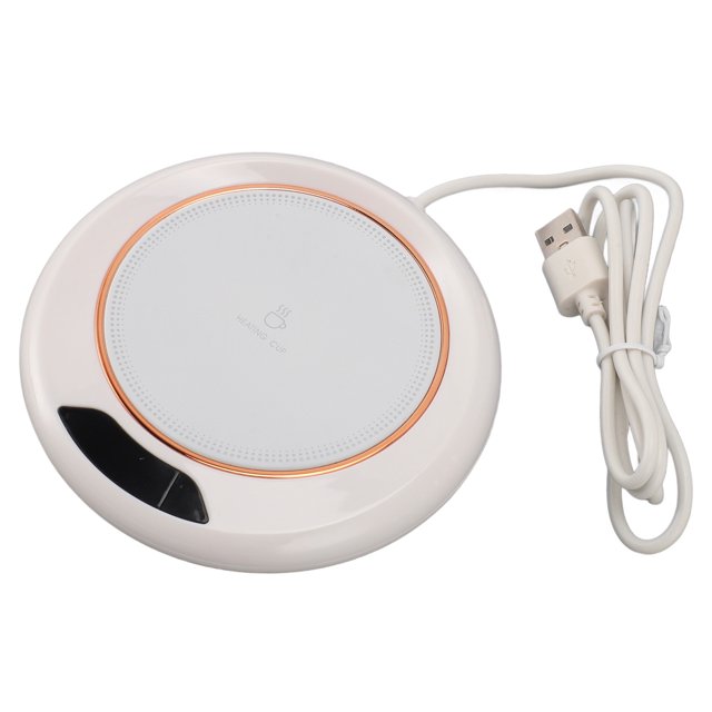 Smart Coffee Warmer, Timer Electric Coffee Warmer for Daily Life. A compact, round electric coffee warmer with a white ABS body, orange accent ring, and a smooth heating surface. Features a USB power connection and a control panel for selecting one of three temperature settings. Includes a USB cable and manual.