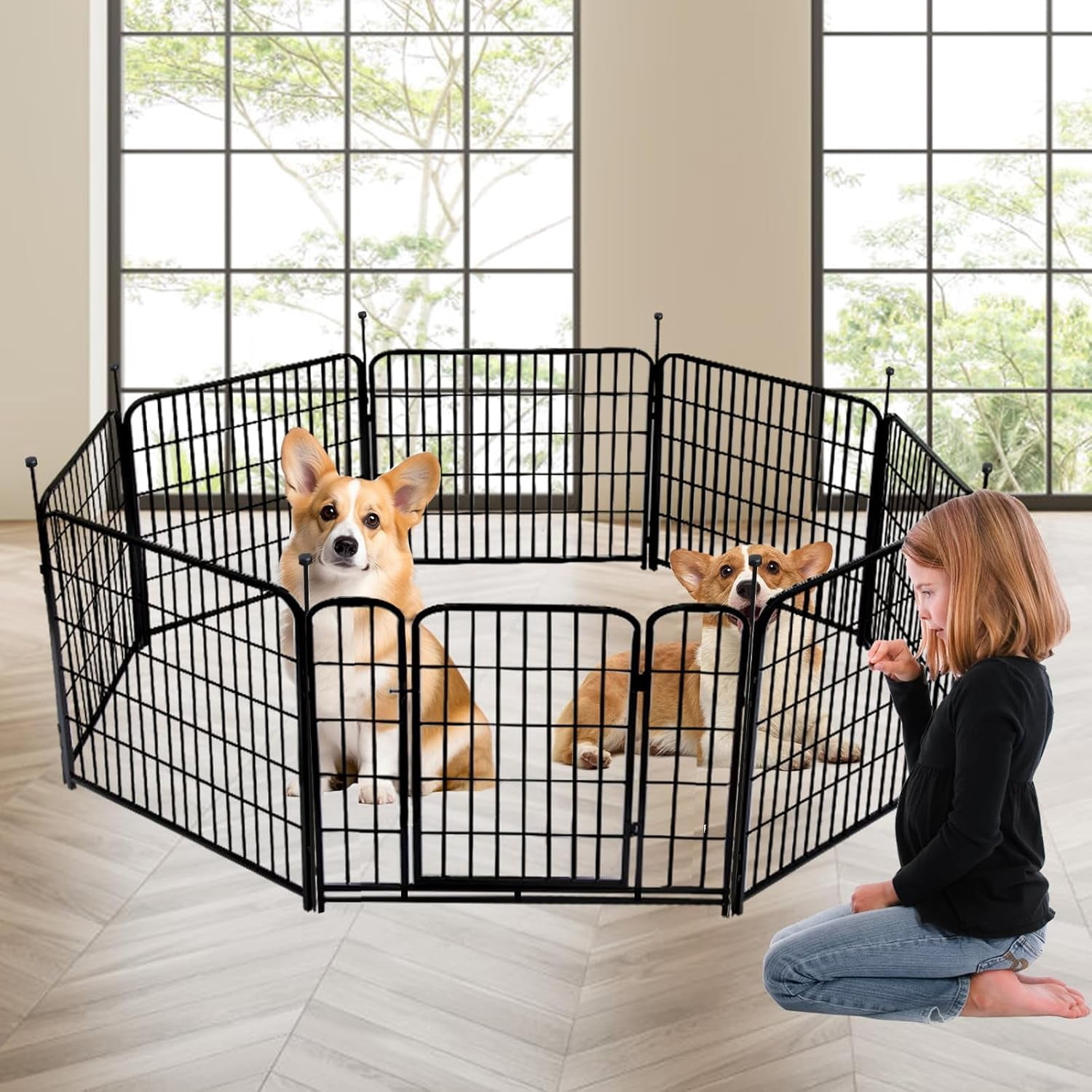 36-inch decorative garden fence with gate, 8 panels, 8.7 feet long, heavy-duty wrought iron animal barrier, suitable for patios, indoor pets or outdoor dogs, and garden boundaries.