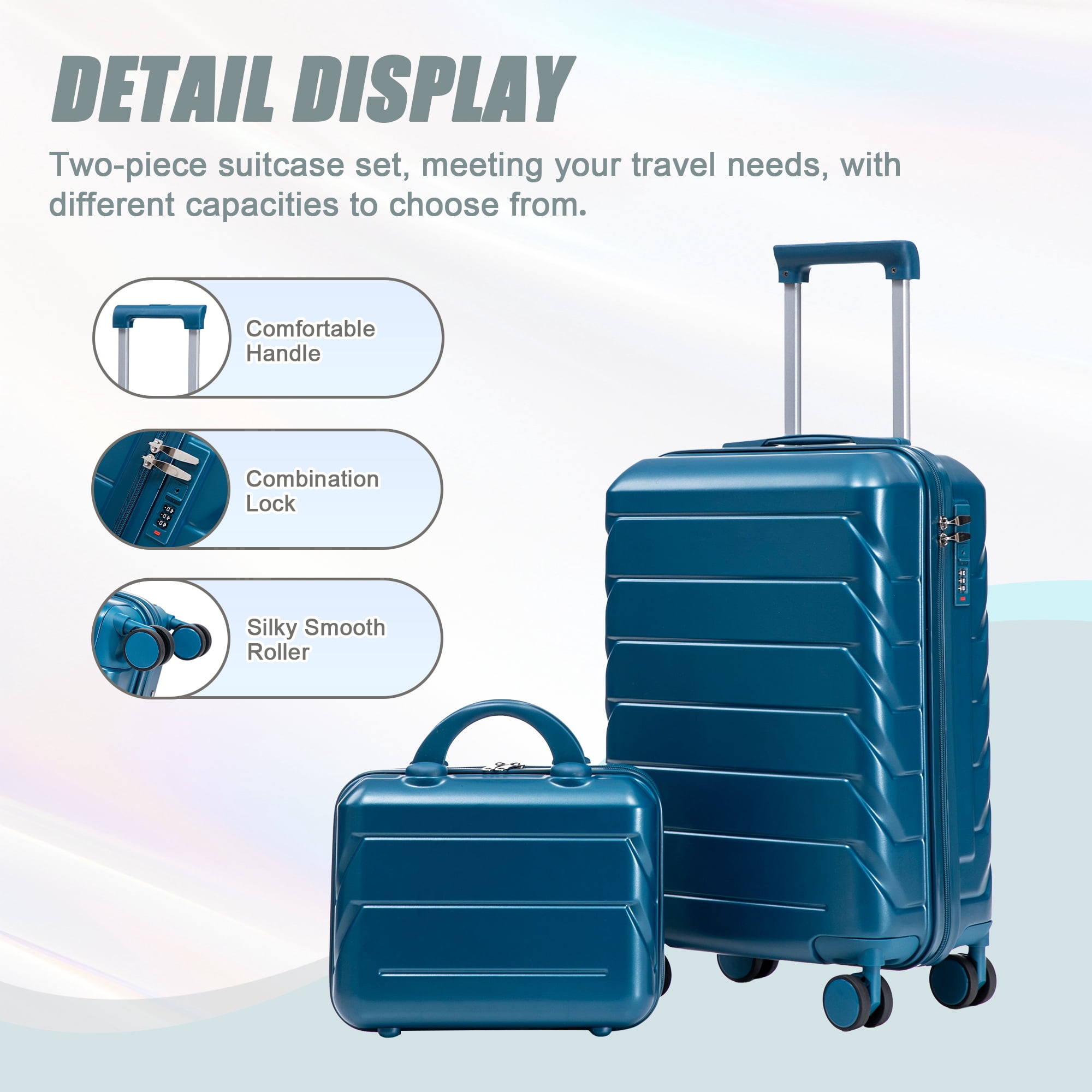 14"/20" 2 pcs/set in ABS Spinner Wheel Luggage, with Combination Lock, 14" Cosmetic Case (Dark Blue)