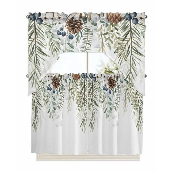 Sage Green Christmas Kitchen Curtains Swag Valance and Tier Curtains Set 36 Inch Length, Weeping Xmas Berry Pine Cones Rod Pocket Drape Panels Pair Swag Curtains for Bathroom/Cafe/Window