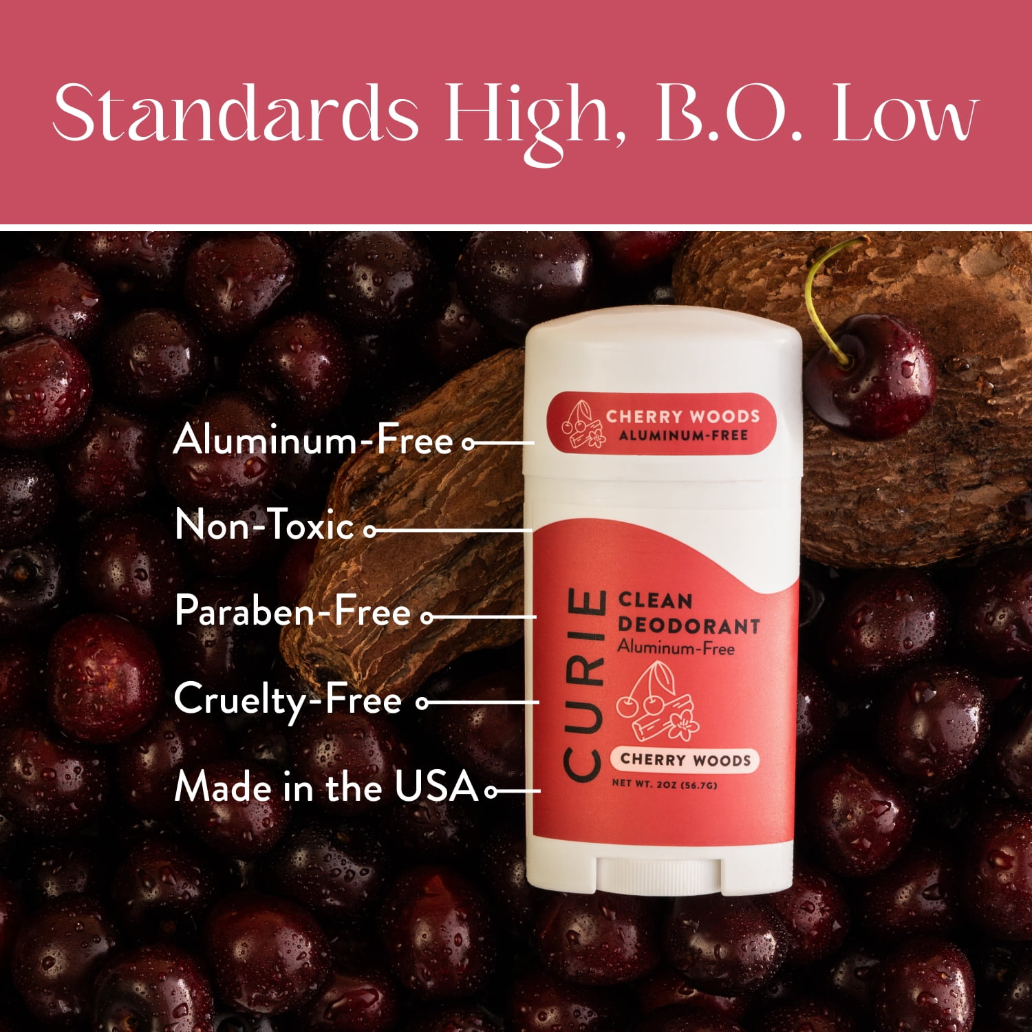 Curie Natural Deodorant Stick, Cherry Woods, Aluminum-Free, for Men and Women, 2 oz