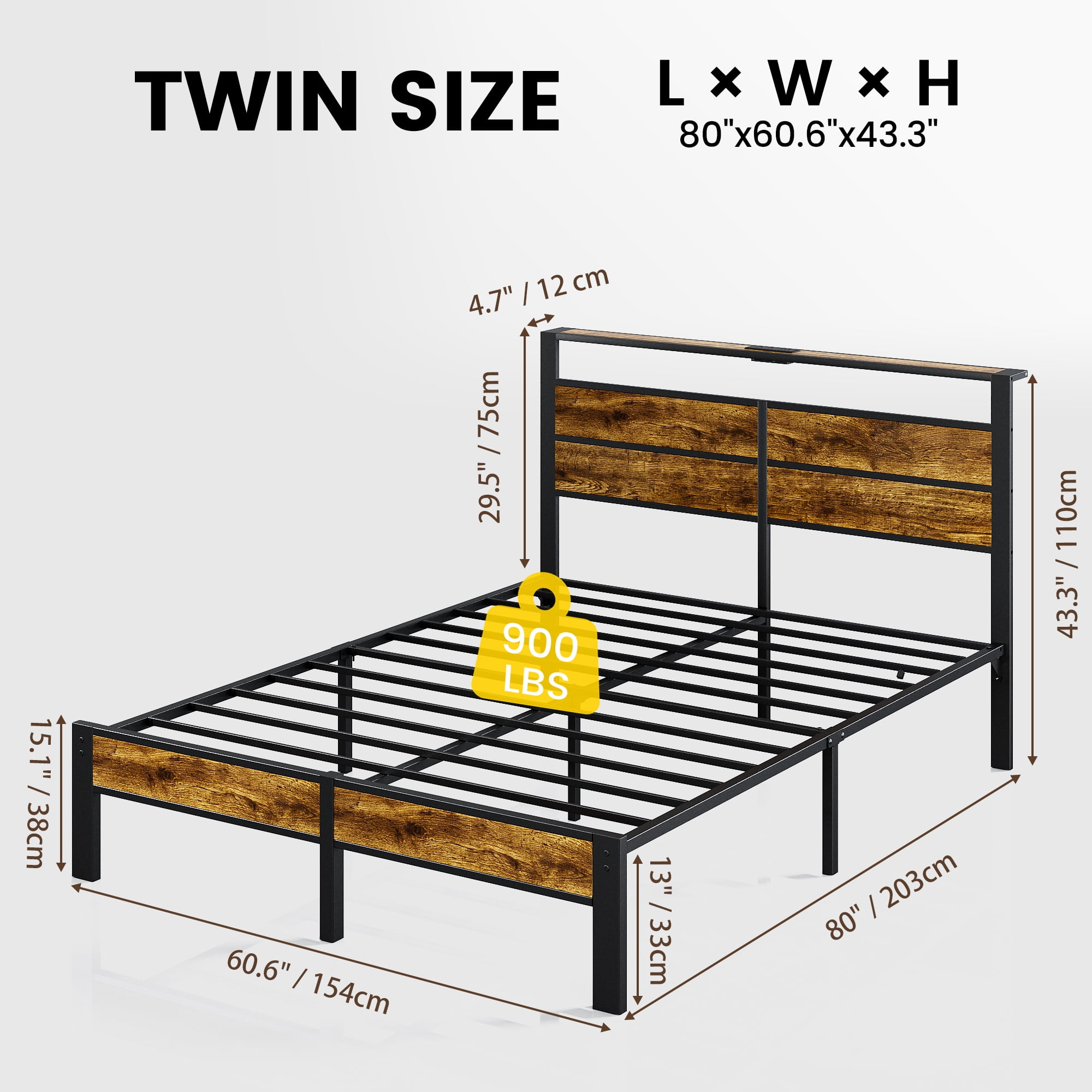 Kbun Queen Size Bed Frame with Headboard, LED Lights & Charging Station, No Box Spring Needed, Noise-Free, Easy Assembly