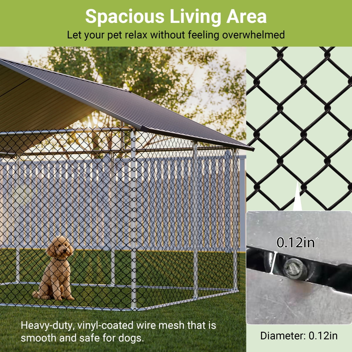 LuckyNote 7.5'x7.5' Outdoor Heavy Duty Dog Kennel for Large Dogs, Rust-Proof Coated Wire Mesh with Sturdy Metal Roof, Secure Lock, Grey