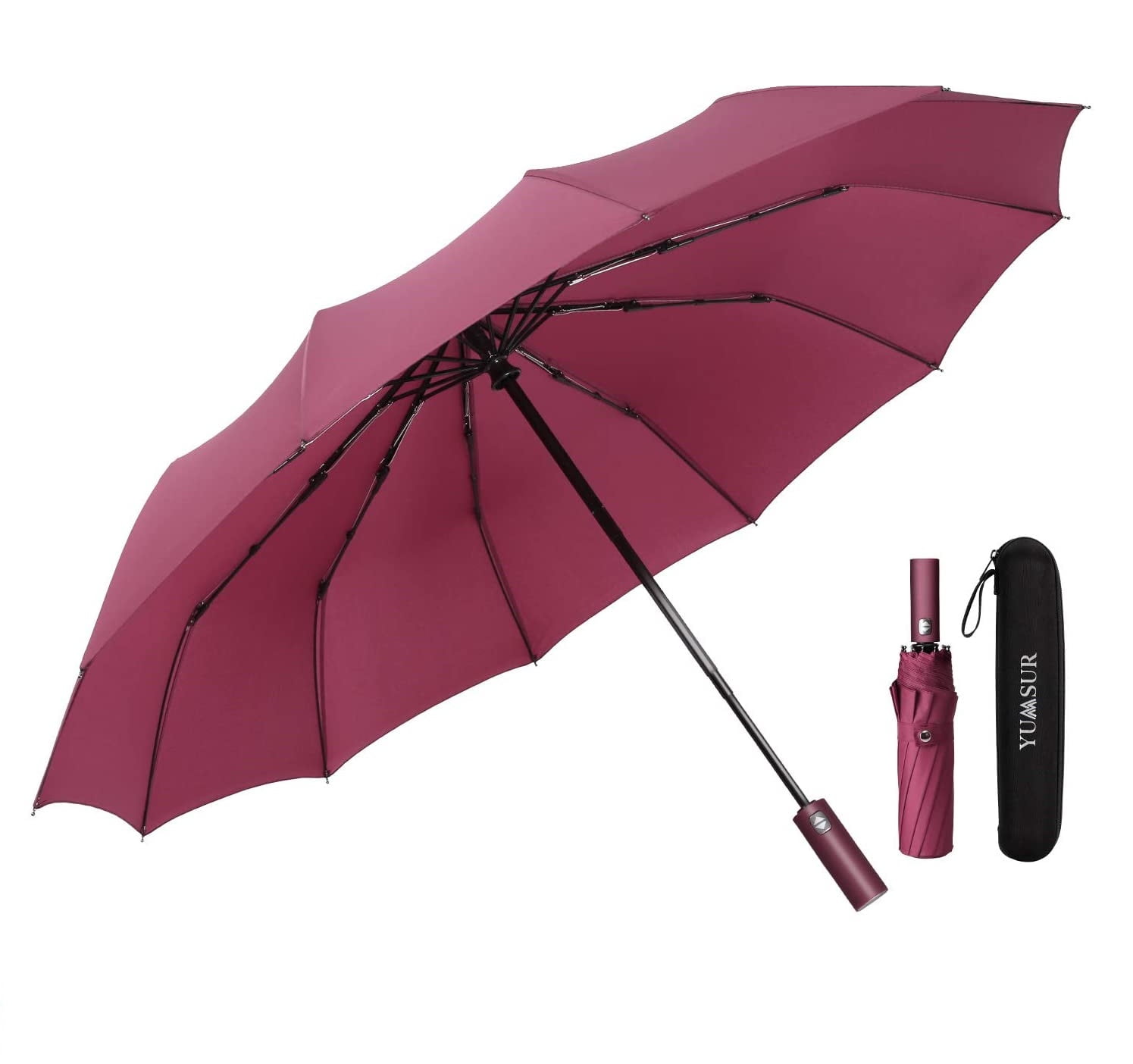 YumSur Compact Travel Umbrella,10 Ribs Reinforced Windproof Folding