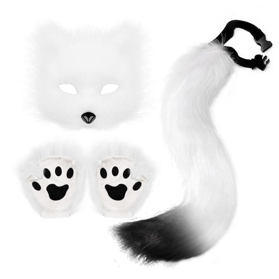 Halloween Faux Fur Animal Mask, Wolf Paw Gloves & Tail Set, Cosplay Costume Accessories for Women