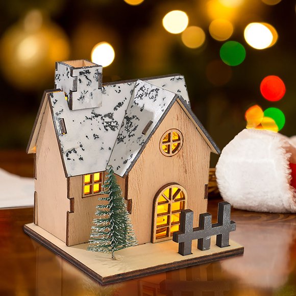 Casas de Navidad de Madera LED, Casita de Campo Luminosa, Adornos de Escritorio de Navidad
