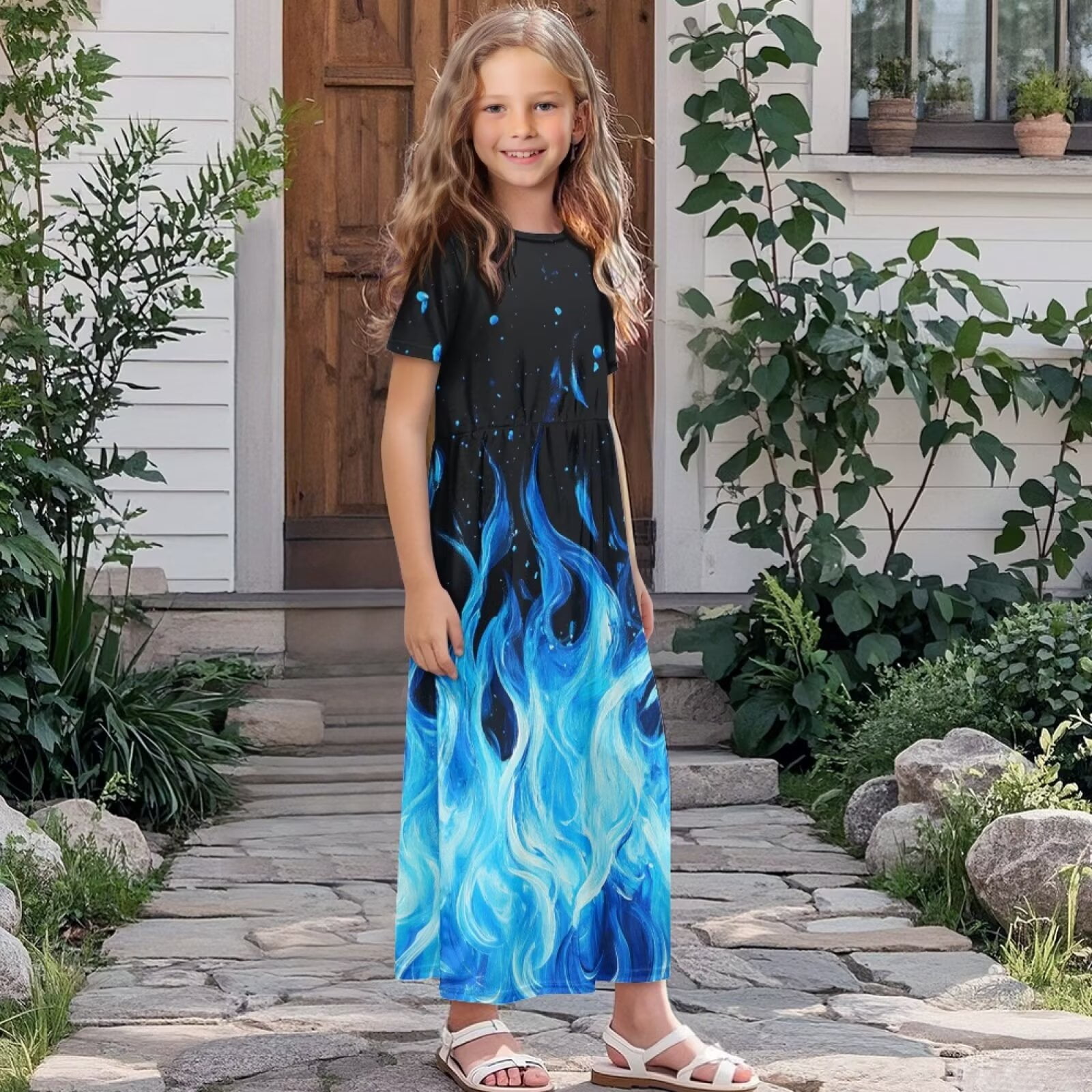 Uourmeti Girl's Maxi Dress Blue Fire Print Short Sleeve Long Dresses Crew Neck Elegant Casual Sundress with Pockets, Size 5-6 Years